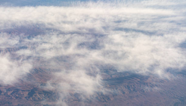 Plane Window View, Aircraft Fly Landscape, Looking from Plane Cabin, Plane Window Aerial View