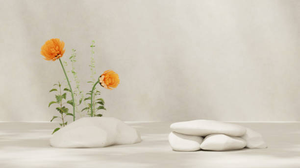 istock 3D rendering illustration of empty space rock podium display and flower for product mockup 2150928829