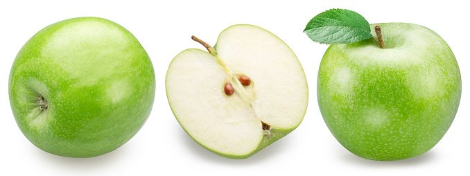 Set of perfect green apples on white background. File contains clipping paths.