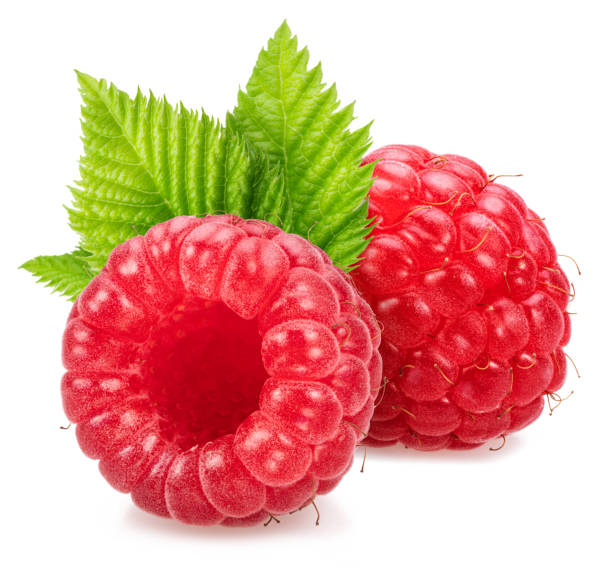 istock Ripe perfect raspberries with green leaf isolated on white background. 2150928918