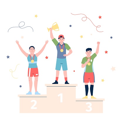 Awarding of athletes. Winners of championship on stand with trophy and gold medals. Happy athlete, sport champions flat vector characters of champion award, championship competition illustration