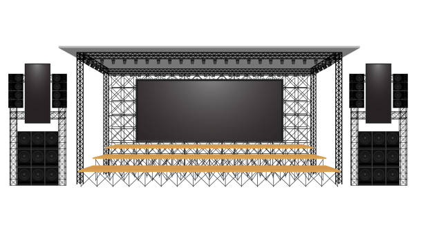istock wooden stage and speaker with led screen on the truss system on the white background 2150929281
