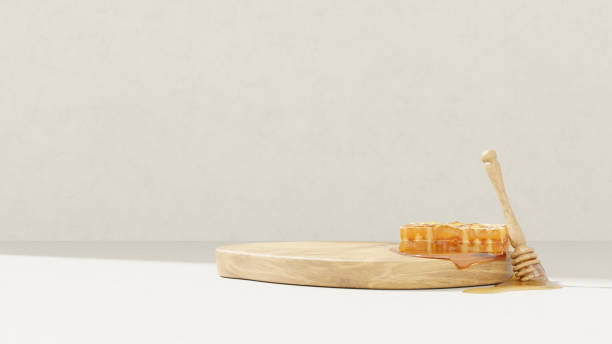 istock 3D background display stand with honey on logs for product presentation 2150929803