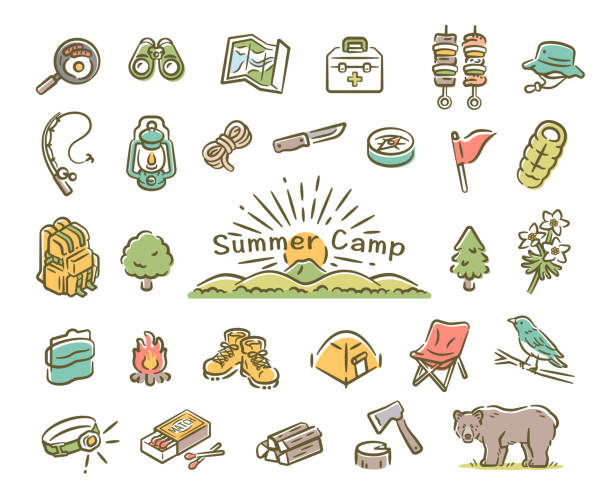 Summer camp vector illustration set material Summer camp vector illustration set material summer camp stock illustrations