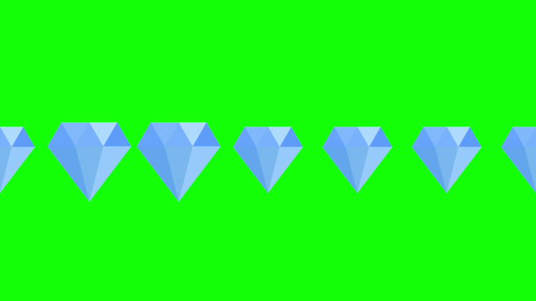 Jewelry store icon. Symbol of luxurious life and wealth. Big blue diamond. A pattern of blue diamonds moves from side to side. Looping moving line of gems. 2d flat animation. Alpha channel. Chroma key