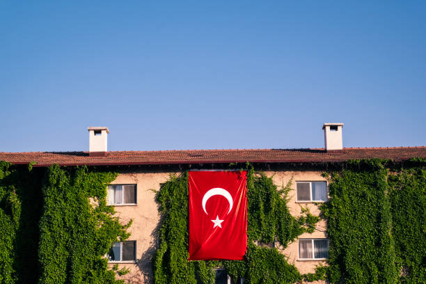 Buildings wrapped in green ivy with Turkish flags hanging