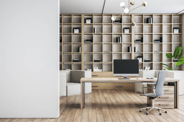 istock Modern wooden and concrete coworking office interior with mock up place on wall. 3D Rendering. 2150931296