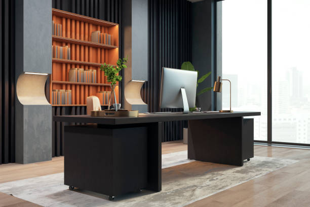 istock Modern luxury office interior with window and city view, bookcase and other objects. 3D Rendering. 2150931304