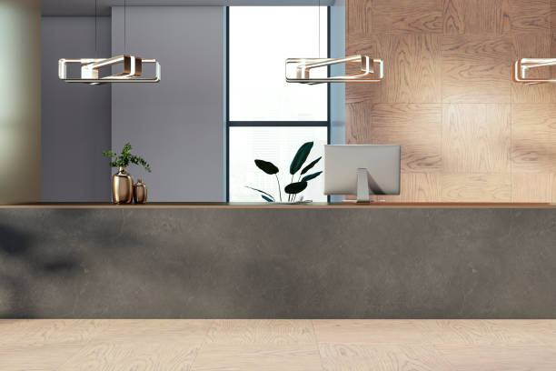 istock Clean luxury office reception with window and city view. 3D Rendering. 2150931472