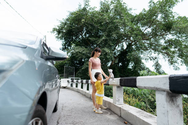 An Asian Chinese woman and young boy stopover at lookout point during the road trip
