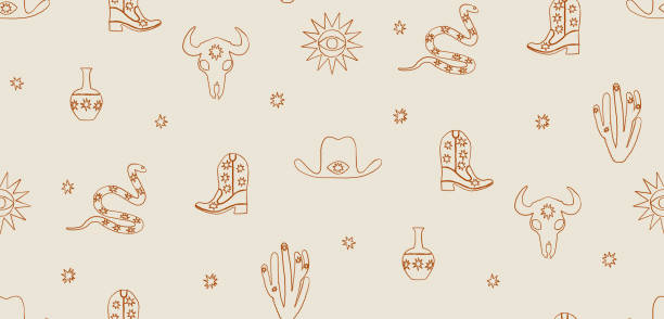 Seamless pattern cowboy boots, snake and cactus design elements