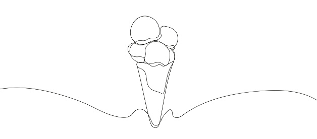 Ice cream continuous line drawing. One line Ice cream in waffle cone. Symbol dessert gelato in simple linear style. Hand drawn minimalist style vector illustration