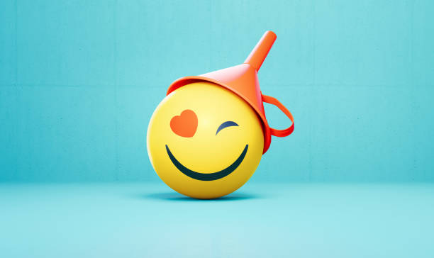 istock Smiley Face Wearing A Red Funnel Before Blue Background 2150938156