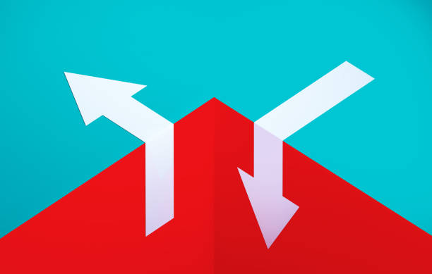 White arrows in opposite directions over blue and red background. Choice concept.