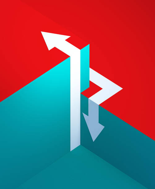 istock Choice Concept - White Arrows Over Red And Blue Background 2150940180