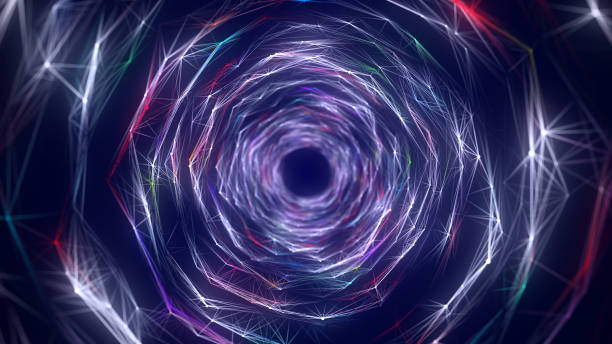 istock Abstract wireframe tunnel. Wormhole. 3D portal grid. Futuristic fantasy funnel. 3d rendering. 2150940564