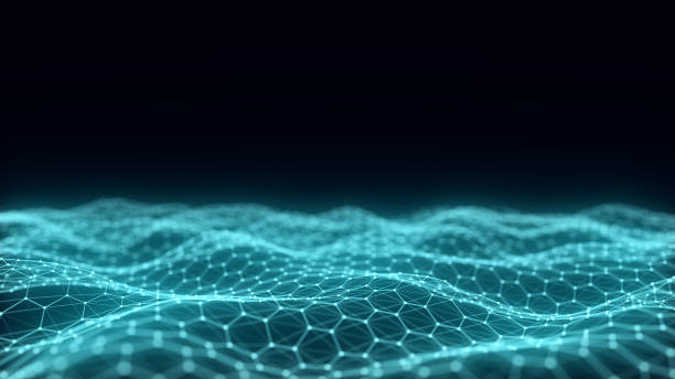 istock Futuristic hexagon wave. Dark cyberspace. Abstract wave with dots and line. White moving particles on background. 3d rendering. 2150940633