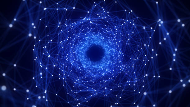 istock Abstract wireframe tunnel. Wormhole. 3D portal grid. Futuristic fantasy funnel. 3d rendering. 2150940667