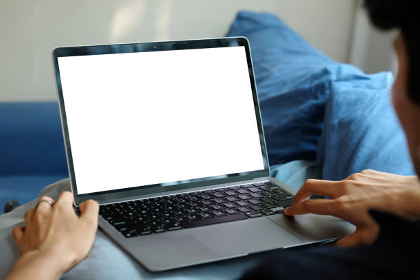 istock Laptop computer screen mockup, template background, Man hand typing laptop computer with blank screen, Business online, e commerce, online study concept 2150943625