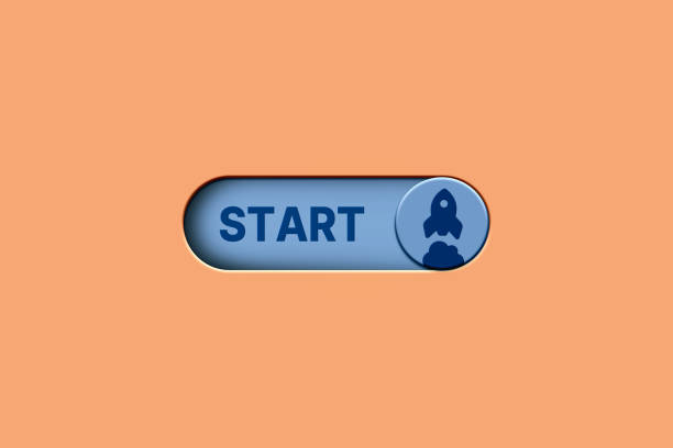 3D digital blue button to switch on and start new business.
