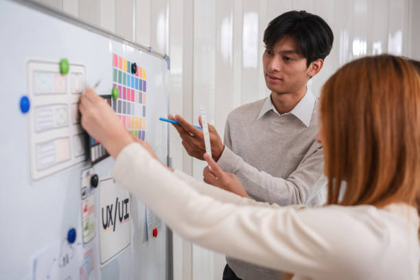 The application development team meets to discuss work plans and plans on the board. Brainstorm ideas for making ux ui to develop programs