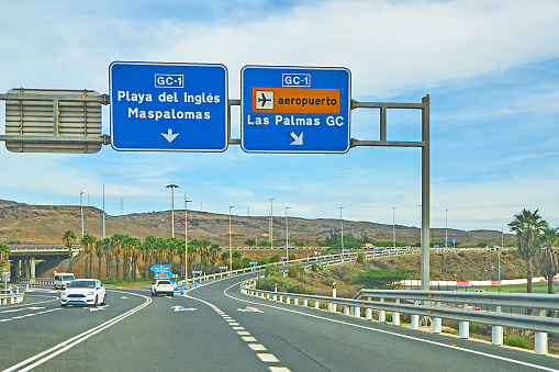Maspalmas, Spain - December 06, 2023: Traffic on the GC-1 in Gran Canaria in winter.
