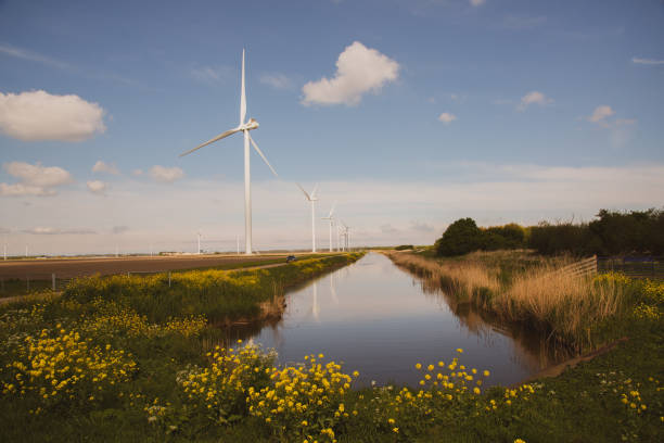istock wind turbines near the canal 2150948460
