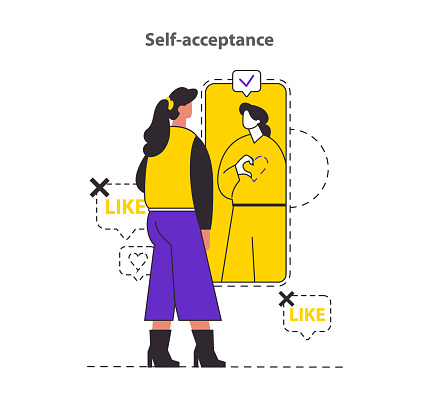 Self-acceptance concept. Woman projecting self-love and confidence, discarding social media likes. Embracing individuality and authenticity. Vector illustration.