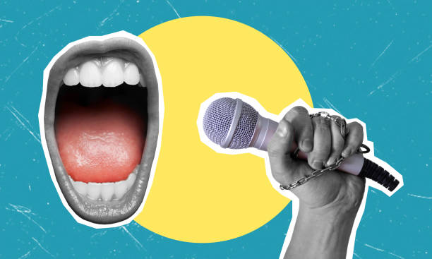 istock Contemporary art collage featuring a microphone and a screaming mouth. 2150949319