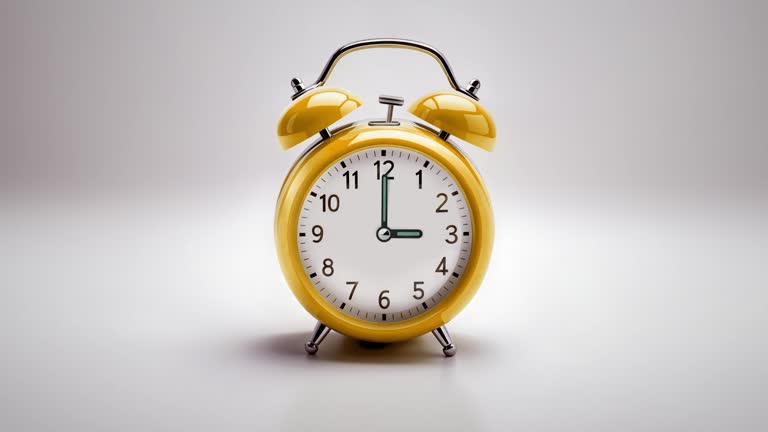 Alarm clock ringing at 03:00 o'clock. It's ticking quickly  on a white background in the studio lights. The concepts of speed, time, deadline, waking up, stress, bell rings, hour, time lapse, schedule, calendar date, finalize, retro style