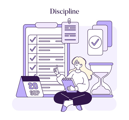 Discipline concept. A diligent woman with a planner ensures meticulous schedule adherence, showcasing the essence of disciplined time management. Vector illustration