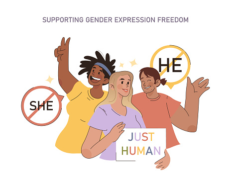 Supporting Gender Expression Freedom concept. Joyful allies championing the right to gender identity with positivity and unity. Embracing humanity beyond labels.