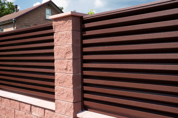 istock Brown metal shutter fence with column 2150953137