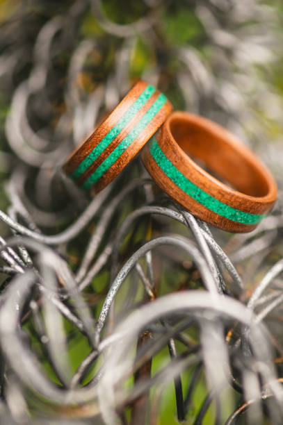 Wooden rings with jade green stripes