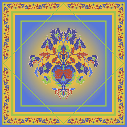 Blue and yellow neck scarf with a flowers. Vector design for a neckerchief, carpet, kerchief, bandana, shawl, tablecloth. Traditional ethnic pattern.