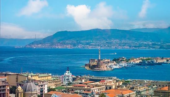View of the strait of Messina between Sthe eastern tip of Sicily and the western tip of Calabria in Southern Italy.