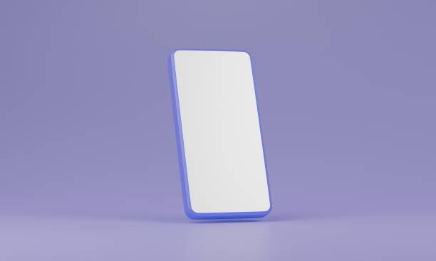 istock A blue and white cell phone is sitting on a purple background. Smartphone is blank and has a clean. 3D rendering 2150956376