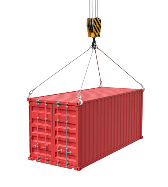 istock 3d rendering of closed red cargo container suspended from crane, isolated on white background. 2150957088