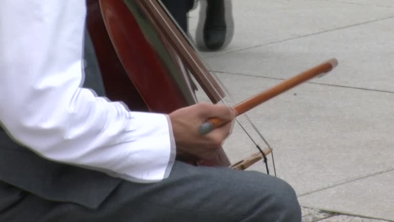 closeup of folklore instrumentalist playing german double bass with bow