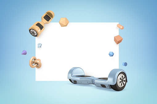 3d rendering of golden and blue hoverboards with random objects on blue white background. Games and sports. Outdoor activities. Sporting goods.