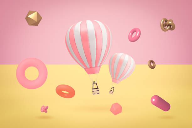 istock 3d rendering of two hot air balloons with random objects on two color background 2150957830