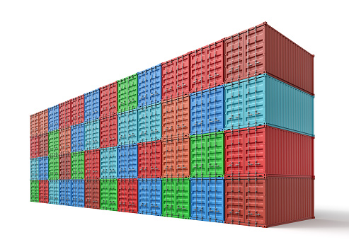 3d rendering of colorful shipping containers stocked isolated on white background. Digital art. Objects and materials. Transportation and delivery.