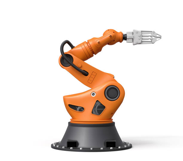 istock 3d rendering of orange robotic arm with grey gripper standing on white background. 2150958513