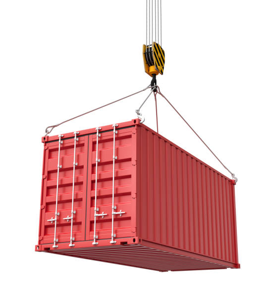 istock 3d rendering of closed red cargo container suspended from crane, isolated on white background. 2150958532