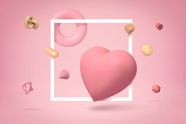 istock 3d rendering of cute yogurt pink heart floating on light pink background highlighted with a flat white frame, with many other objects all around. 2150958737