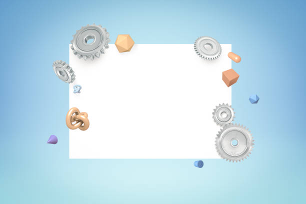 3d rendering of white copy space rectangle with light gray cogwheels and different geometric shapes surrounding it on light blue background. Education. Technology. Presentations.