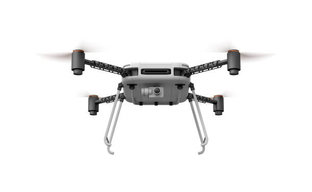 istock 3d rendering of white and black drone with camera isolated on white background. 2150959189
