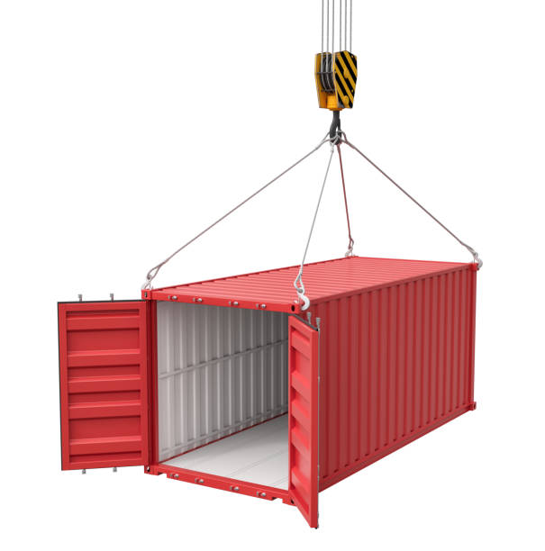 istock 3d rendering of crane lifting open empty red shipping container isolated on white background 2150959458