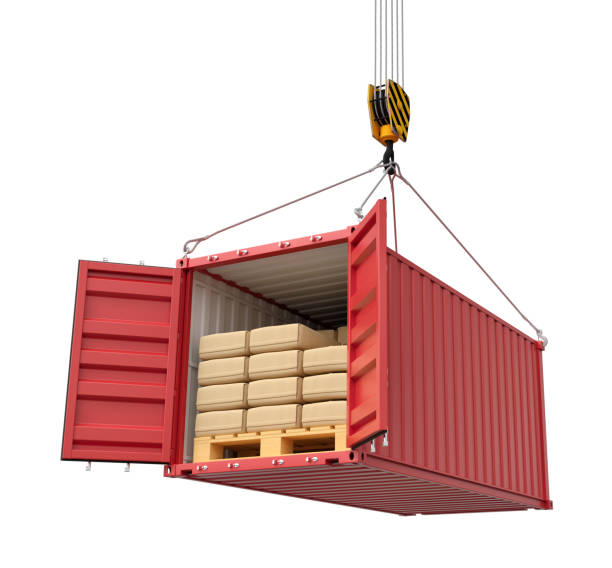 istock 3d rendering of open red cargo container almost full of packages, suspended from crane, isolated on white background. 2150959829