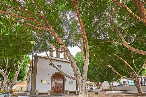 Fataga, Spain - December 05, 2023: small white church in the village of Fataga on Gran Canaria in winter.